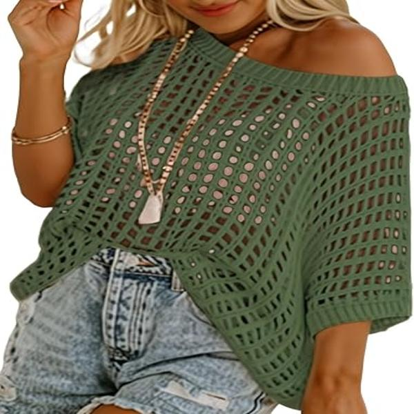 Short Sleeve Crochet Sweater Lightweight Summer Tops Loose Hollow Out Crewneck Pullover