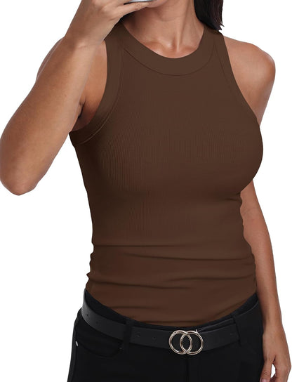 GEMBERA Womens Sleeveless Racerback High Neck Casual Basic Cotton Ribbed Fitted Tank Top
