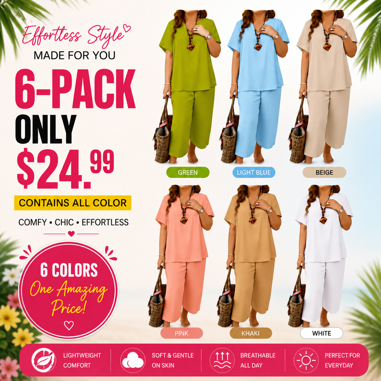 Women's Solid Short Sleeve Top & Loose Wide Leg Pants 2-Piece Set