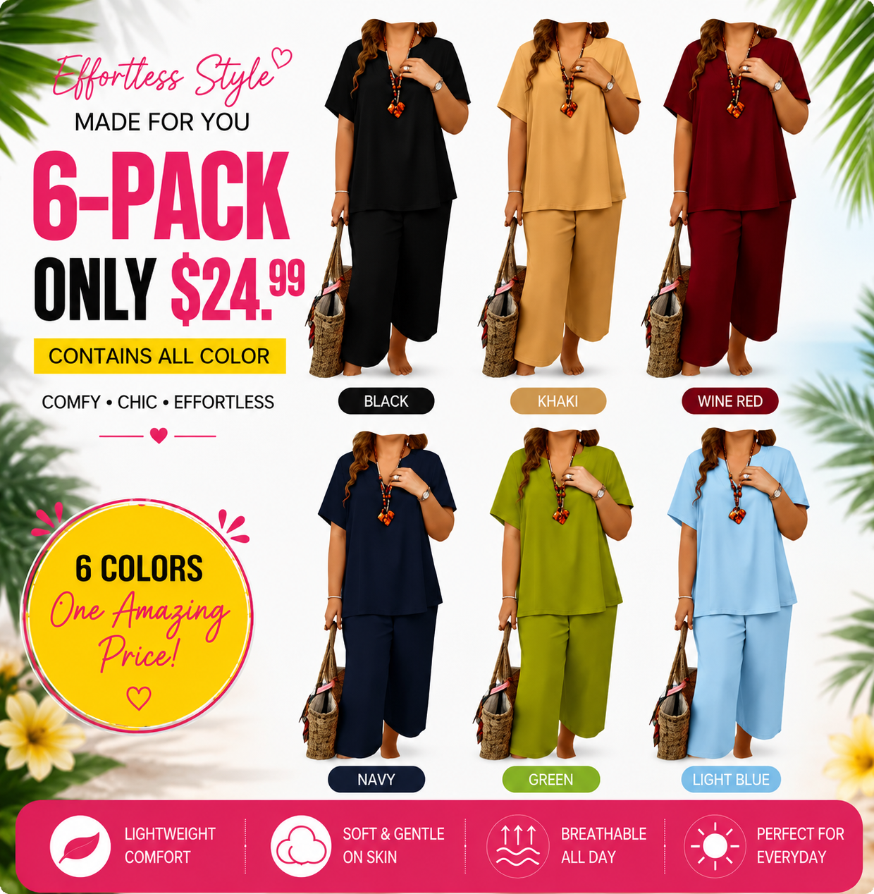 Women's Solid Short Sleeve Top & Loose Wide Leg Pants 2-Piece Set