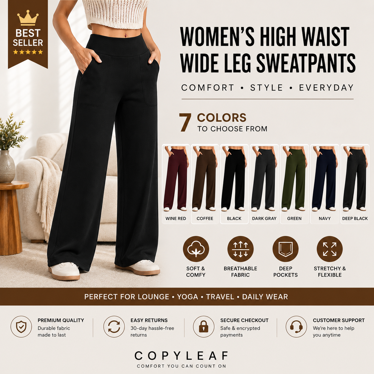 COPYLEAF Wide Leg Pants Woman High Waist Yoga Pants with Pockets Loose Stretch Dress Work Sweatpants Casual Lounge